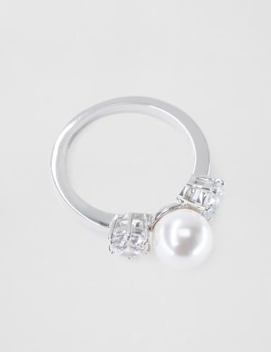 Swarovski Matrix Cocktailring, Weißer, Rhodinierter Ring mit Kristallperle und Strahlenden Kristallen im Rundschliff – Ansicht 3