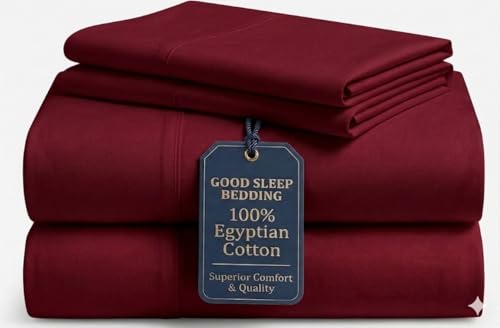 Image of Good Sleep Bedding Bed Sheets Full Size, 4 Piece, 100% Egyptian Cotton Full Sheet Set, Silky Sateen Weave, Ultra-Soft & Durable Hotel Sheets, 16 inch Deep Pocket Full Bed Sheets - Burgundy