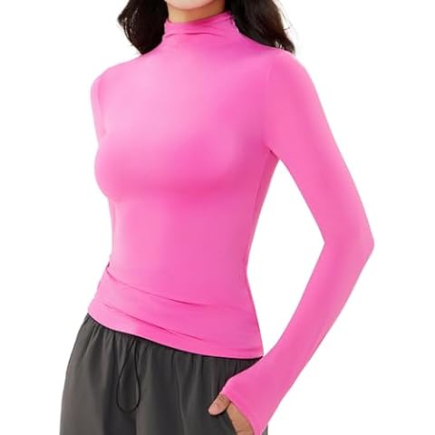 PATTERN HOUR Women's Long Sleeve T-Shirt Slim Fit Loose Mock Turtleneck Basic Sexy Tee Double Line Pink Cover