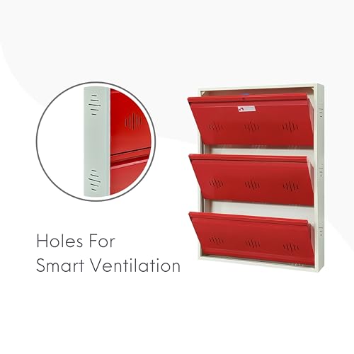 Image of StayHappy Wide Wall-Mounted and Freestanding Metal Shoe Rack Cabinet | Key Lock | Compact Design | Thick Metal Layer for Durability | Powder-Coated Steel | Crafted in Bharat. (Red, 3 Door)