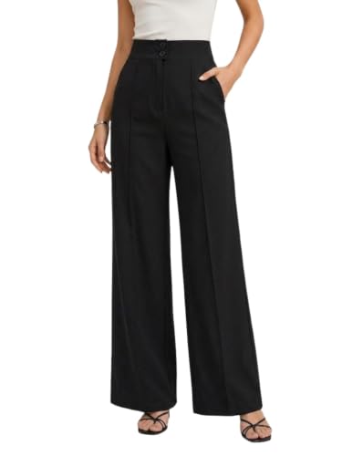 Image of Women's High Waist Wide Leg Trousers | High Rise Button Closure Palazzo Pants | Comfortable Casual Formal Office Wear Trousers | Stylish Bottom Wear for Women
