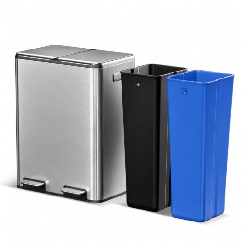 Image of Home Zone Living 16 Gallon Kitchen Trash Can with Dual Compartments for Recycling, Stainless Steel, Silver, 60 Liters Total