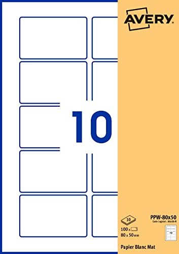 Avery – Bolsa de 100 etiquetas autoadhesivas rectangulares, papel blanco, tamaño 80 x 50 mm, personalizables e imprimibles láser, inyección de tinta y copiadora (PPW-80X50.Fr)