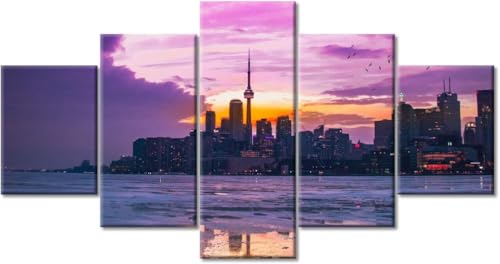 Tableau Multi Panneau 5 Parties Décoration Murale Ville Coucher de Soleil Toile HD