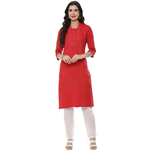 Image of Rangriti Red Art Silk Straight Kurta for Women