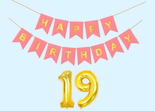 Image of 19th Happy Birthday Decoration Kit Light Pink for 19 year Old Boys Girls Teenage with Number Nineteen Party Decorations Decor Celebration Items Item Set Combo Reusable Paper Banner