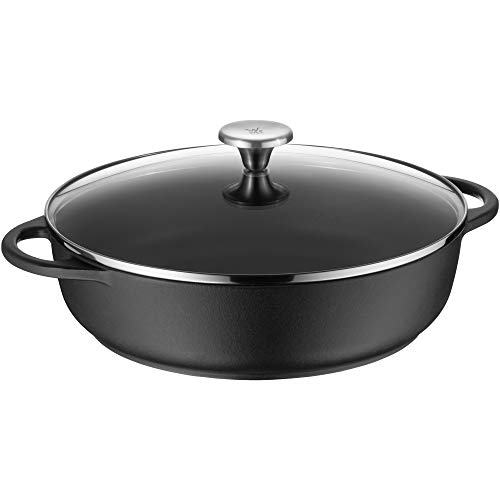 WMF Schmorpfanne 28 cm, Servierpfanne, Bauernpfanne mit Glasdeckel, Gusseisen emailliert, Induktion, hoher Rand, backofenfest