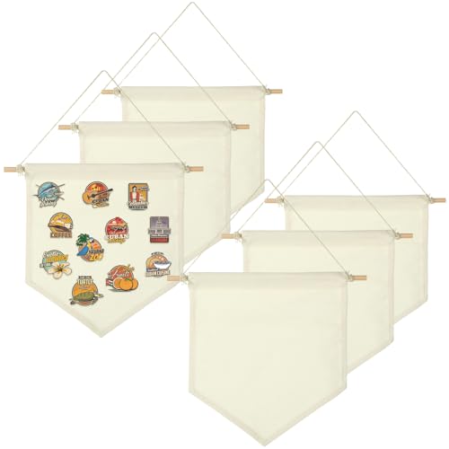 6 Pack Canvas Banners Blank with Wooden Dowel, Hanging Wall Blank Canvas Banner, Wall Art Banner Enamel Pin Display Blank Banners for Enamel Pins, Buttons and Label Collections