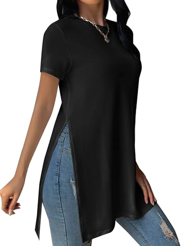 Remidoo Side Slit Tees for Women Tunic Tops Crewneck Long T Shirt Loose Fit Short Sleeve Tee