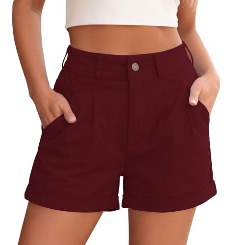 PRETTYGARDEN High Waisted Shorts Women 2026 Summer Business Casual Trousers Pleated Tailored Cuffed Bottoms with Pockets(Wine Red Medium)