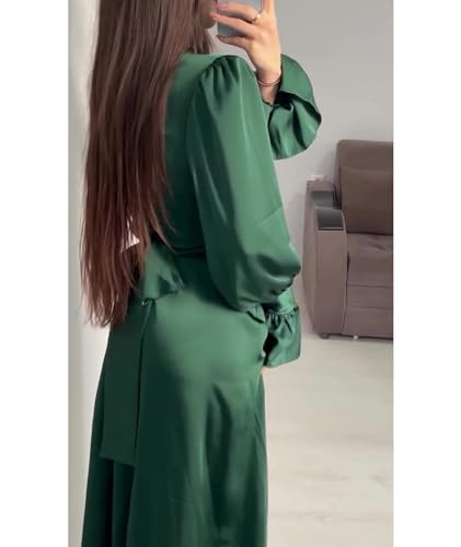 xxxiticat Women's Green Satin Dress Long Lantern Sleeve Mock Neck Puff Shoulder Tie Waist Pleated Cocktail Maxi Slip Dresses4