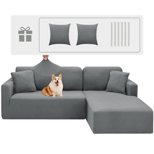 CHELZEN Funda de Sofá de Península Elástica, 2 Piezas Funda para Sofá Chaise Longue en Forma de L, Protector para Sofá de Esquina Izquierda/Derecha (1 Plaza+2 Plaza, Gris Claro)