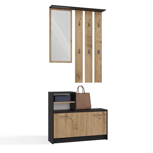 CDF Ensemble Meubles Entrée Complet Vestiaire Miroir Porte-Manteaux Mural 6 Crochets Armoire à Chaussures 9 Paires Rangement Couloir Moderne Compact Placard...