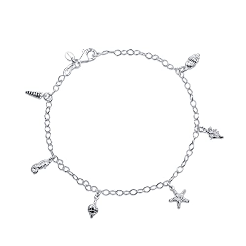 Image of Amberta Women 925 Sterling Silver Anklet with Charms: Ankle Bracelet with Marine Shells - 25 cm