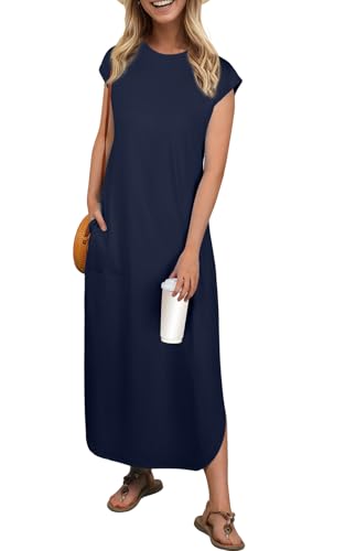 Image of HiMONE Beach Vacation Dresses for Women 2025 Sundress Cap Sleeves Casual Maxi Beach Dress with Pockets XS-2XL