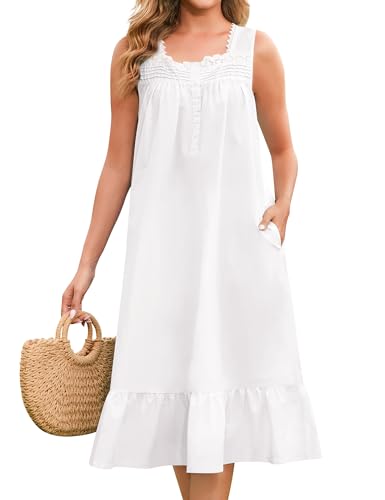 YOZLY 100% Cotton Nightgowns for Women Victorian Sleeveless Night Gown Button Sleepshirt with Pockets S-XXXL