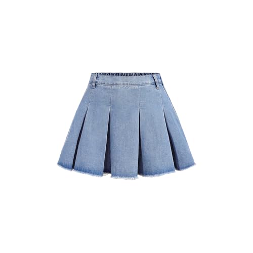Nivne Tco Tween Girls Denim Skirt High Waist Raw Hem Design A-Line Mini Pleated Jean Skirt with Hidden Zipper (US Age 11 Years Blue)