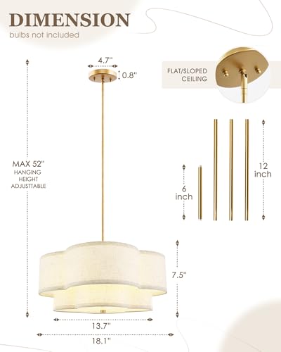 Image of 18 inch Chandelier, 3-Light Gold Pendant Light Fixtures with Dual Layer Linen Shade in Quatrefoil Shape, Double Drum Chandeliers for Dining Room Kitchen Living Room Bedroom, AD-22007-3P-GD-B