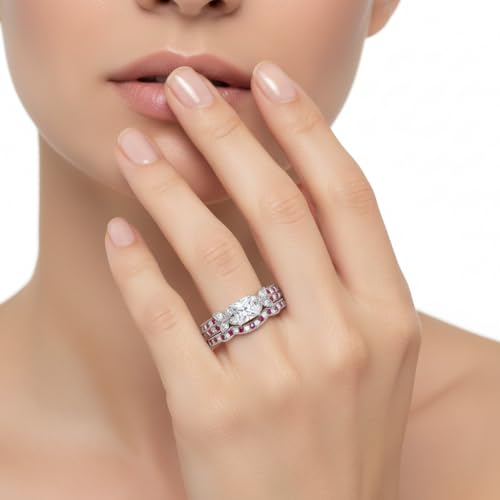 Image of Choose Your Gemstone Milgrain Petal Diamond CZ Wedding Ring Set 925 Sterling Silver Princess Shape Wedding Ring Sets Lightweight Office Wear Everyday Gift Jewelry US Size 4 to 12