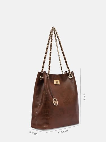 Image of Bagsy Malone Bucket Shaped Tote Bag -Set of 2 | Handcrafted Side Tote Bag for Office and College (Croco Brown)