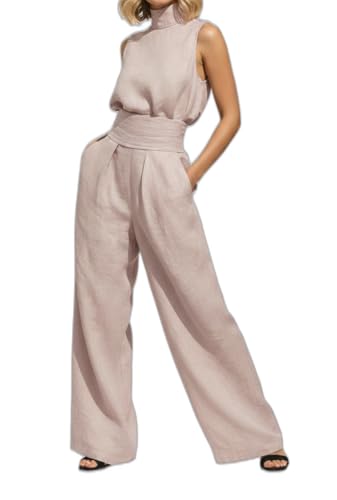 Women's Linen Blend Sleeveless Turtleneck Top & Wide Leg Pants