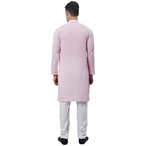 Image of SOJANYA (Since 1958 Men's Pure Cotton Blue Kurta with White Embroidery and White Pyjama Set