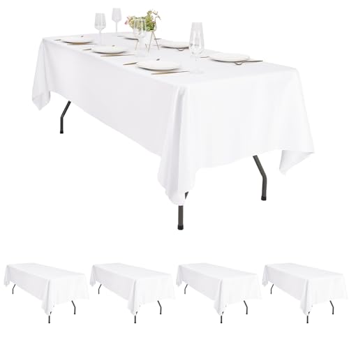 Pesonlook Lot de 4 Nappes Rectangulaires Blanches 153 x 320 cm, Nappe de Table en Polyester Lavable et Résistante aux Taches pour Mariage, Banquet, Restaurant, Buffet...