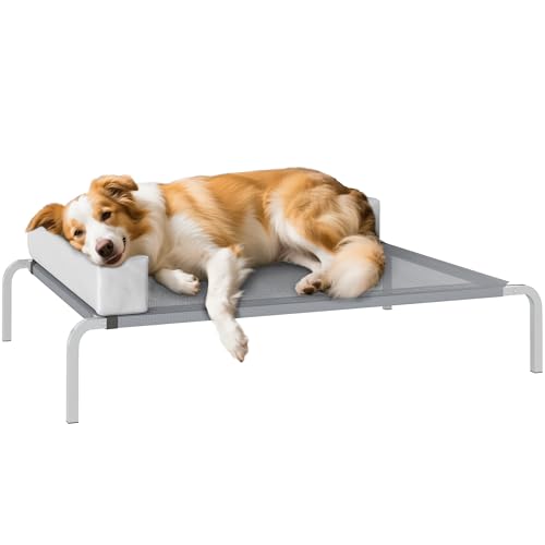 PawHut Lettino per Cani Rialzato di 20 cm con Cuscino a L Lavabile, Brandina per Cani Traspirante in Tessuto Oxford, Texteline e Struttura in Acciaio, 110x75x30 cm, Grigio Chiaro e Argento