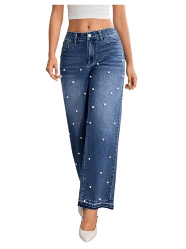 MakeMeChic Women's Pearls Jeans Cowboy Chic Outfits Wide Leg Stretch Straight Y2K Denim Pants Trousers