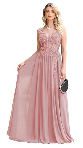 Misshow Luxuriöses langes Abendkleid für Zeremonien mit Pailletten, Perlen und floralen Spitzenapplikationen aus Seidenchiffon, Rosa, 34