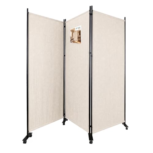 VOUNOT® Biombo Separador Plegable 3 Paneles Separador de Ambientes con Ruedas 262x30x180 cm Pantalla Privacidad Tela Poliéster Marco Metal Divisor de Habitación para Oficina Dormitorio Interior Beige