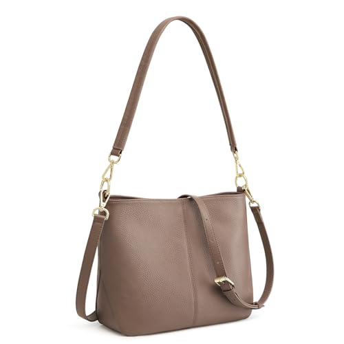 Image of Kattee Leather Crossbody Purse,Handbag Hobo Bag with 2 Straps,Khaki | Top grain pebbled leather with 2 magnetic pockets and 2 straps for crossbody or shoulder, ideal for work and travel.