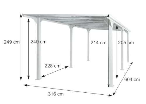 Alu-Carport HWC-O23, Autoüberdachung Garage Unterstand, 10cm-Gestell Polycarbonat-Dach Regenrinne, 3x6m - weiß