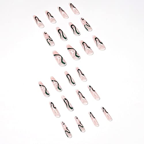 Vaveah 24 Pcs Glossy Press On Nails Coffin With Glue, Extra Long Glossy Fake Nails Glue On Nails, False Nails With Glue For Women (Pink And Green Swirl) #TOP2