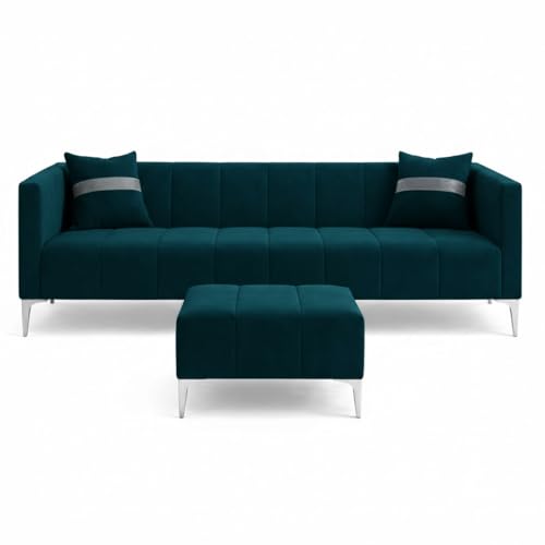 Image of Solomon 4 Seater L Shape Sofa Set with Movable Ottoman | Flexible Left or Right Layout | Luxe Velvet Suede Fabric | Comfortable Seating | Modern Sofa for Living Room - Green Teal