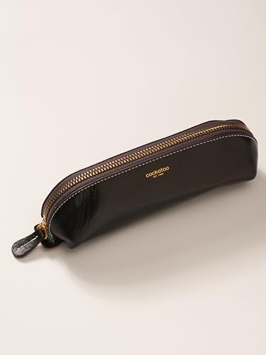 Image of Cockatoo Genuine Leather Pencil Pouch, Accessories holder, Stationery Bag, Zippered Pen Case for Work & Office (Chocolate)