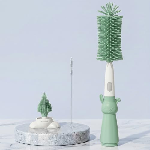 Image of TONY STARK Baby 3-in-1 Silicone Bottle Cleaning Brush Set | 360 Rotatable Handle, BPA-Free Soft Bristles for Cleaning Bottles, Nipples & Pacifiers Safely (Green)