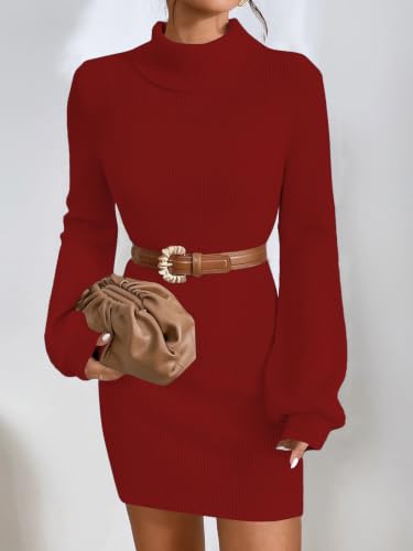 Image of Turtleneck Sweater Dress for Women Lantern Sleeve Mini Bodycon Ribbed Knit Sweater Pullover Short Dresses XS-XXL