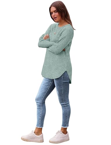 Image of Saloogoe Long Sleeve Shirts for Women 2025 Fall Clothes Tunic Tops Loose Fit Dressy Crewneck Pullover Sweaters Curved Hem