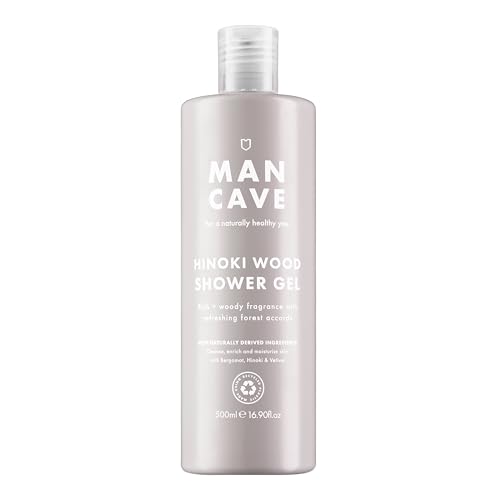 ManCave Gel de Ducha Hombre de Madera de Hinoki, 500 ml – Gel de Baño con Aroma Cálido y Amaderado, Hinoki, Cedro y Almizcle – Formula Natural, Sin Sulfatos, Vegana – Envase de Plástico Reciclado