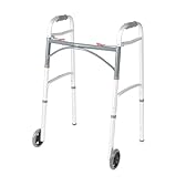 Drive Medical Two-Button Folding Walker w/ Wheels - Lightweight Rolling Mobility Support - Desk Arms - Adjustable Height - Dual Push-Button Operation - 5 Inch Front Wheels - Durable Aluminum - Silver