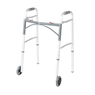 Drive Medical Two-Button Folding Walker w/ Wheels - Lightweight Rolling Mobility Support - Desk Arms - Adjustable Height - Dual Push-Button Operation - 5 Inch Front Wheels - Durable Aluminum - Silver