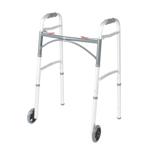 Image of Drive Medical Two-Button Folding Walker w/ Wheels - Lightweight Rolling Mobility Support - Desk Arms - Adjustable Height - Dual Push-Button Operation - 5 Inch Front Wheels - Durable Aluminum - Silver