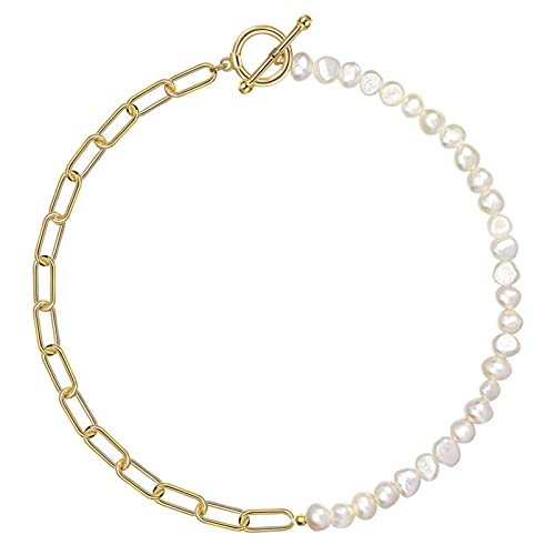 ZBOMR Büroklammer Halskette, Halbe Perle Halbe Kette Halskette Vintage Chunky Gliederkette Gold Mode Charme Zierliche Perlenkette Halskette Valentinstag Schmuck für Frauen (Style 2-Gold)