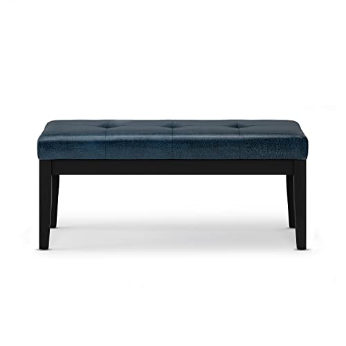 SIMPLIHOME Lacey 41 inch Wide Contemporary Rectangle Tufted Ottoman Bench in Distressed Dark Blue Vegan Faux Leather, Assembled, For the Living Room and Bedroom