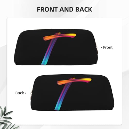 Image of Cute Initial Pencil Case for Kids Simple Leather Pencil Pouch for Boys Girls Letter Design Pencil Box Pen Bag Pencil Pouch Office Stationery Organizer, Rainbow Letter T