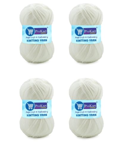 Image of ProKart Premium 4 Ply Wool Yarn, Soft and Durable Knitting & Crochet Yarn for Sweaters, Scarves, Hats, Baby Clothes, Purses, Gift Bags and DIY Craft Projects. White, 100g x 4 Balls.
