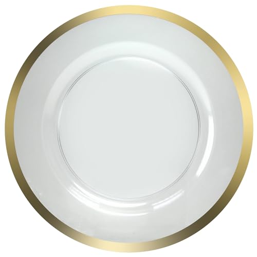 13 Inch Clear Round Charger Plate with Gold Rim – Elegant, Disposable, Decorative Round Plastic Charger for Dinner Parties, Events, & Holidays – Durable, & Disposable Table Setting for Plates (44)