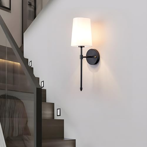 YHCDLAMP Battery Operated Wall Sconce Light with Remote Control, Dimmable Wall Sconce Set of 2 with White Fabric Shade, Wireless Battery Operated Wall Lamp for Bedroom Living Room, Bulb Included