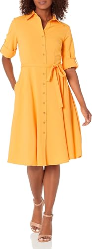 Image of Sharagano Women's Pleated Shirt Dress - 3 /4 Sleeve, V-Neck, Gold Buttons
